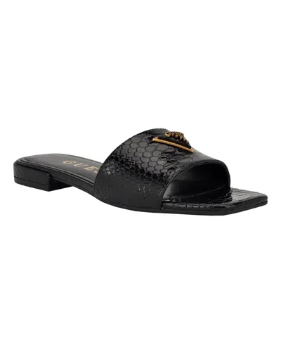 Guess Women's Tamsea One Band Square Toe Slide Flat Sandals In Black Lizard