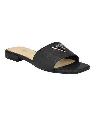 Guess Women's Tamsea One Band Square Toe Slide Flat Sandals In Black Saffiano