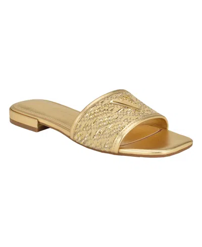 Guess Women's Tamsey One Band Square Toe Slide Flat Sandals In Gold Raffia