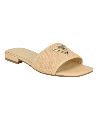 Guess Women's Tamsea One Band Square Toe Slide Flat Sandals In Light Natural Woven Raffia