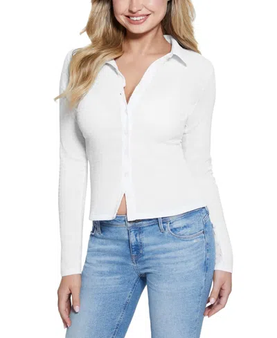 Guess Women's Tessa Smocked Button-down Long-sleeve Top In Pure White
