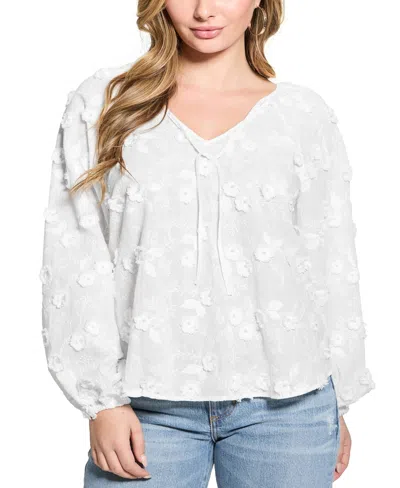Guess Women's Textured Floral V-neck Top In Pure White
