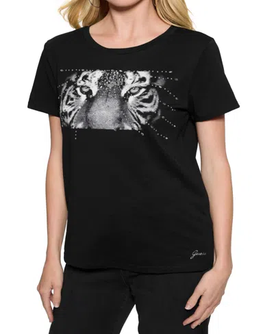 Guess Women's Tiger Eyes Graphic Crewneck Cotton Easy T-shirt In Jet Black A996