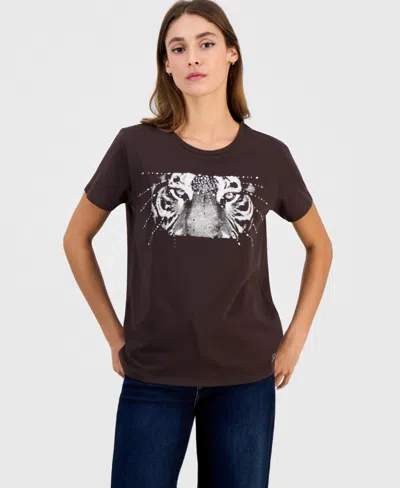 Guess Women's Tiger Eyes Graphic Crewneck Cotton Easy T-shirt In Chocco Brown