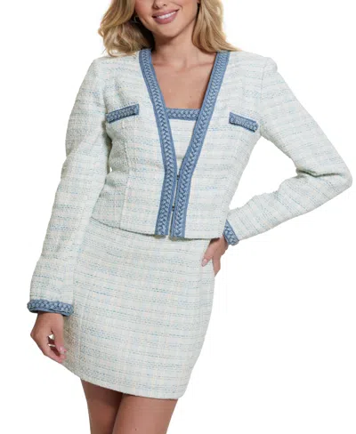 Guess Women's Tosca Braid-trim Long-sleeve Tweed Jacket In Blue
