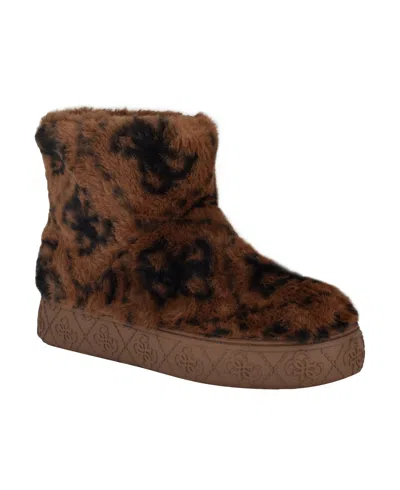 Guess Women's United Faux Fur Slip-on Short Booties In Medium Brown,black Logo