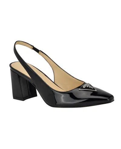 Guess Women's Valinda Slingback Snip Toe Block Heel Sandal In Black Patent