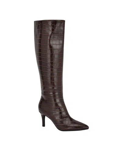 Guess Women's Wayla Knee High Pointed Toe Dress Boots In Dark Brown Croco