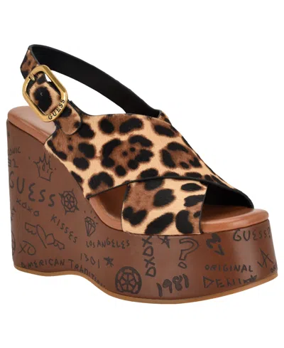 Guess Women's Yarisel Logo-embossed Round Toe Wedge Sandals In Brown