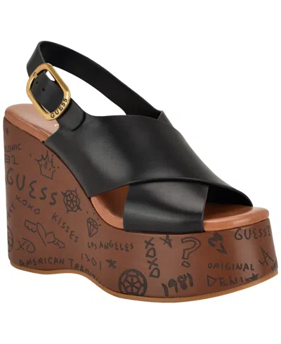 Guess Women's Yarisel Logo-embossed Round Toe Wedge Sandals In Black