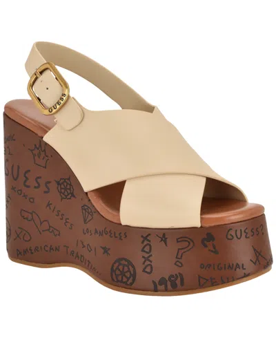 Guess Women's Yarisel Logo-embossed Round Toe Wedge Sandals In Neutral