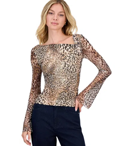 Guess Women's Zabina Sheer Long-sleeve Asymmetric-neck Top In Brown
