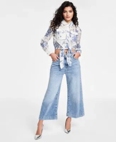 Guess Womens Adelaide Tie Hem Shirt Bellflower Wide Leg Jeans