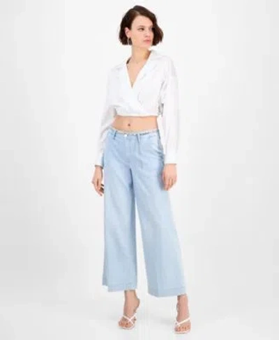 Guess Womens Caiden Long Sleeve Crop Top Zoya Cropped Wide Leg Jeans In Pure White