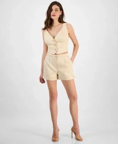 Guess Womens Camille Sleeveless Buttoned Vest Tailored Pleat Front Shorts In Foamy Taupe Multi
