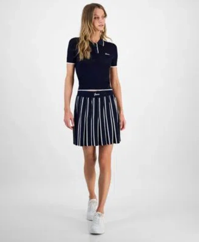 Guess Womens Contrast Tipped Short Sleeve Polo Top Striped Pleated Pull On Sweater Skirt In Dove White