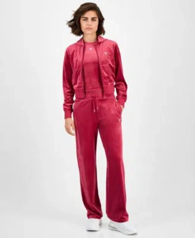 Guess Womens Couture Cropped Velour Hoodie Couture Short Sleeve T Shirt Straight Leg Velour Pants In Red