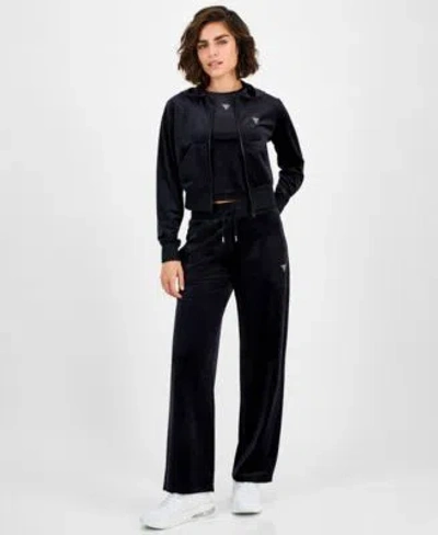 Guess Womens Couture Cropped Velour Hoodie Short Sleeve T Shirt Couture Straight Leg Velour Pants In Black