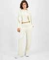 Guess Womens Couture Cropped Velour Hoodie Short Sleeve Velour T Shirt Straight Leg Velour Pants In Neutral