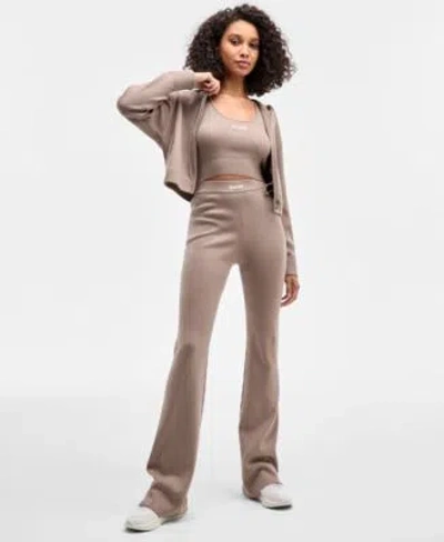 Guess Womens Flaminia Ribbed Zipped Hoodie Sweater Bralette Top Ribbed Sweater Flare Pants In Neutral