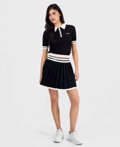 Guess Womens Gabry Cropped Collared Polo Sweater Gabry Pleated Sweater Mini Skirt In Black