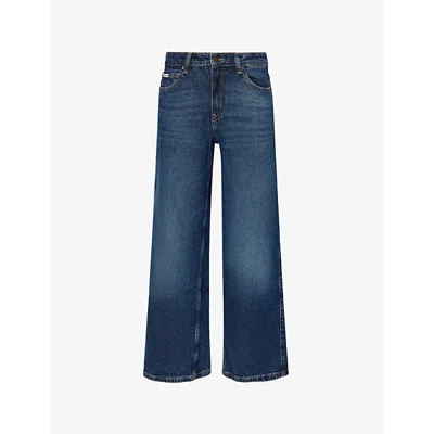 Guess Womens  Logo-patch Wide-leg Denim Jeans In Heritage Dark Wash
