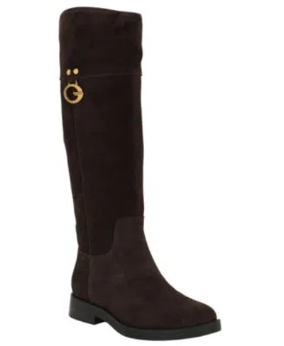 Guess Womens Kandra Tall Signature G Logo Riding Boots Regular Wide Calf In Brown