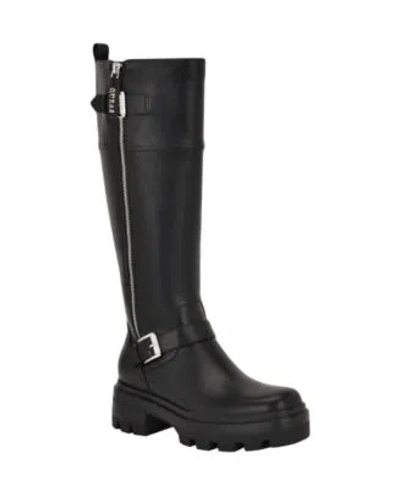 Guess Womens Lynnie Tall Buckle Moto Lug Boots Regular Wide Calf In Black