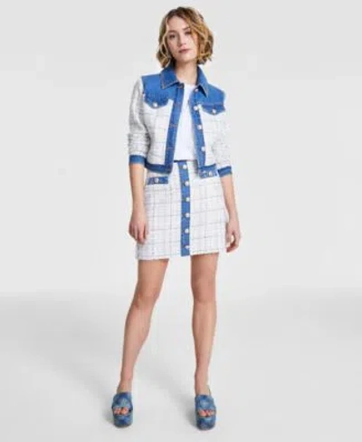 Guess Womens Natalie Tweed Denim Jacket Crystal Logo Cotton T Shirt Tweed Denim Mini Skirt In Pure White
