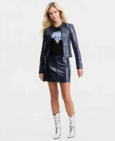 Guess Womens Nico Faux Leather Jacket Nico Faux Leather Skirt In Blue
