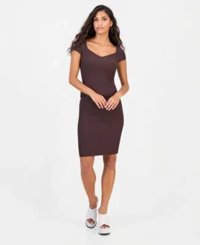 Guess Womens Ottoman Curve Sweetheart Short Sleeve Sweater High Waisted Pencil Sweater Skirt In Brown