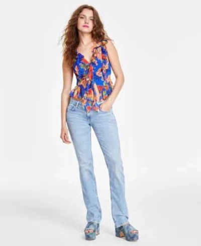 Guess Womens Rossella Ruffled Top Hermosa Flap Pocket Low Rise Jeans In Sashiko Bandana Print