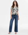 Guess Womens Sequin Printed Short Sleeve Sweater High Rise Wide Leg Jeans In Gray