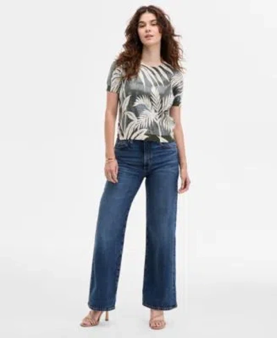 Guess Womens Sequin Printed Short Sleeve Sweater High Rise Wide Leg Jeans In Gray
