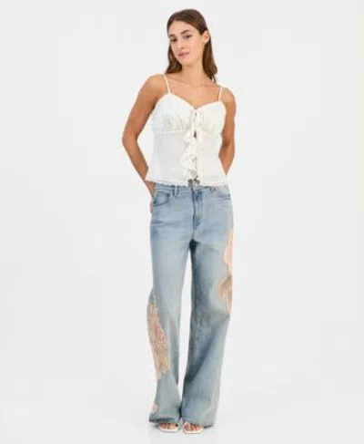 Guess Womens Sleeveless Saisha Babydoll Top Rey Floral Applique Wide Leg Jeans In White