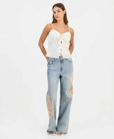 Guess Womens Sleeveless Saisha Babydoll Top Rey Floral Applique Wide Leg Jeans In Winslow Wash