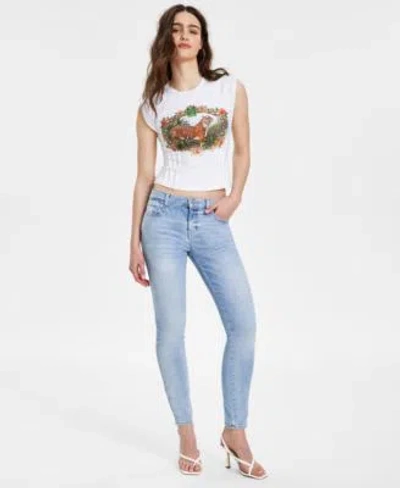 Guess Womens Sleeveless Tiger Graphic Corset T Shirt Mid Rise Sexy Curve Skinny Jeans In Saville Wash