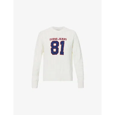 Guess Womens  Logo-embroidered Cable-knit Cotton Jumper In Warm White