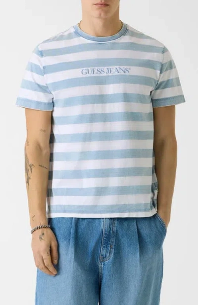 Guess Yarn Dyed Stripe Cotton T-shirt In Blue