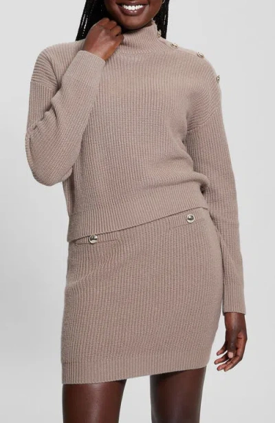 Guess Zylee Button Shoulder Mock Neck Sweater In Silk Taupe