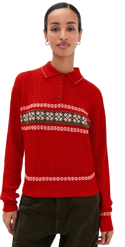 Guest In Residence Cable Collegiate Fair Isle Cable-knit Wool And Cashmere-blend Polo Sweater In Red