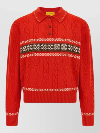 Guest In Residence Cable Knit Polo Sweater Contrast Stripes In Red