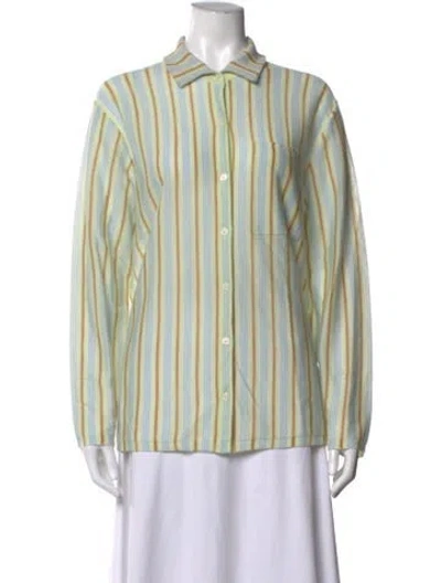 Pre-owned Guest In Residence Cashmere Striped Button-up Top In Green