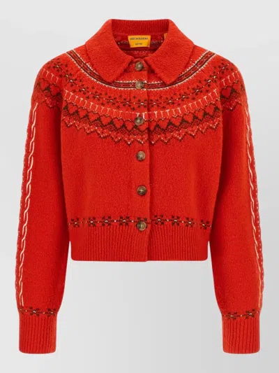 Guest In Residence Chalet Knit Cardigan Collared Embroidered Design In Red