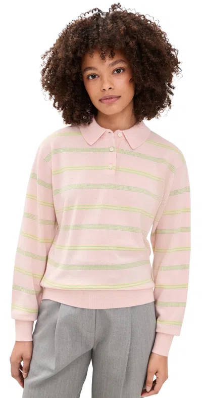 Guest In Residence Collegiate Striped Collared Polo Shirt In Pink