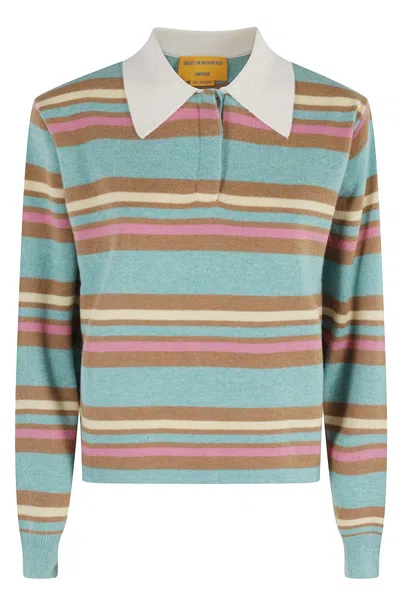 Guest In Residence Cropped Striped Rugby Sweater With Buttoned Crew Neck In Multi