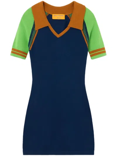 Guest In Residence Fitted Mini Dress With Contrasting Sleeves And V-neckline In Blue