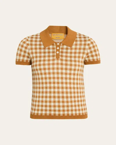Guest In Residence Cropped Gingham Silk And Linen-blend Jacquard Polo Shirt In Brown