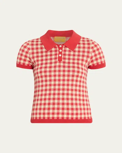 Guest In Residence Gingham Shrunken Silk-linen Polo In Red