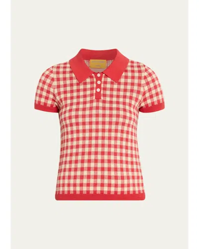 Guest In Residence Gingham Shrunken Silk-linen Polo In Scarlet